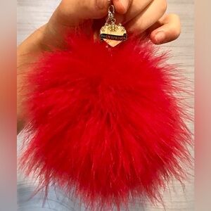 Feathery Faux Fur Pom-Pom Keychain Bag Charm in Red with Golden Heart Charm